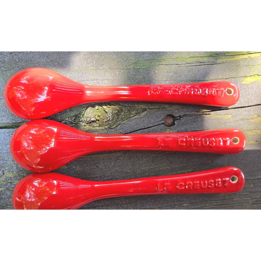 Vintage Le Creuset Cerise Red Stoneware Cafe Teaspoons Set of 3 - Picture 2 of 3
